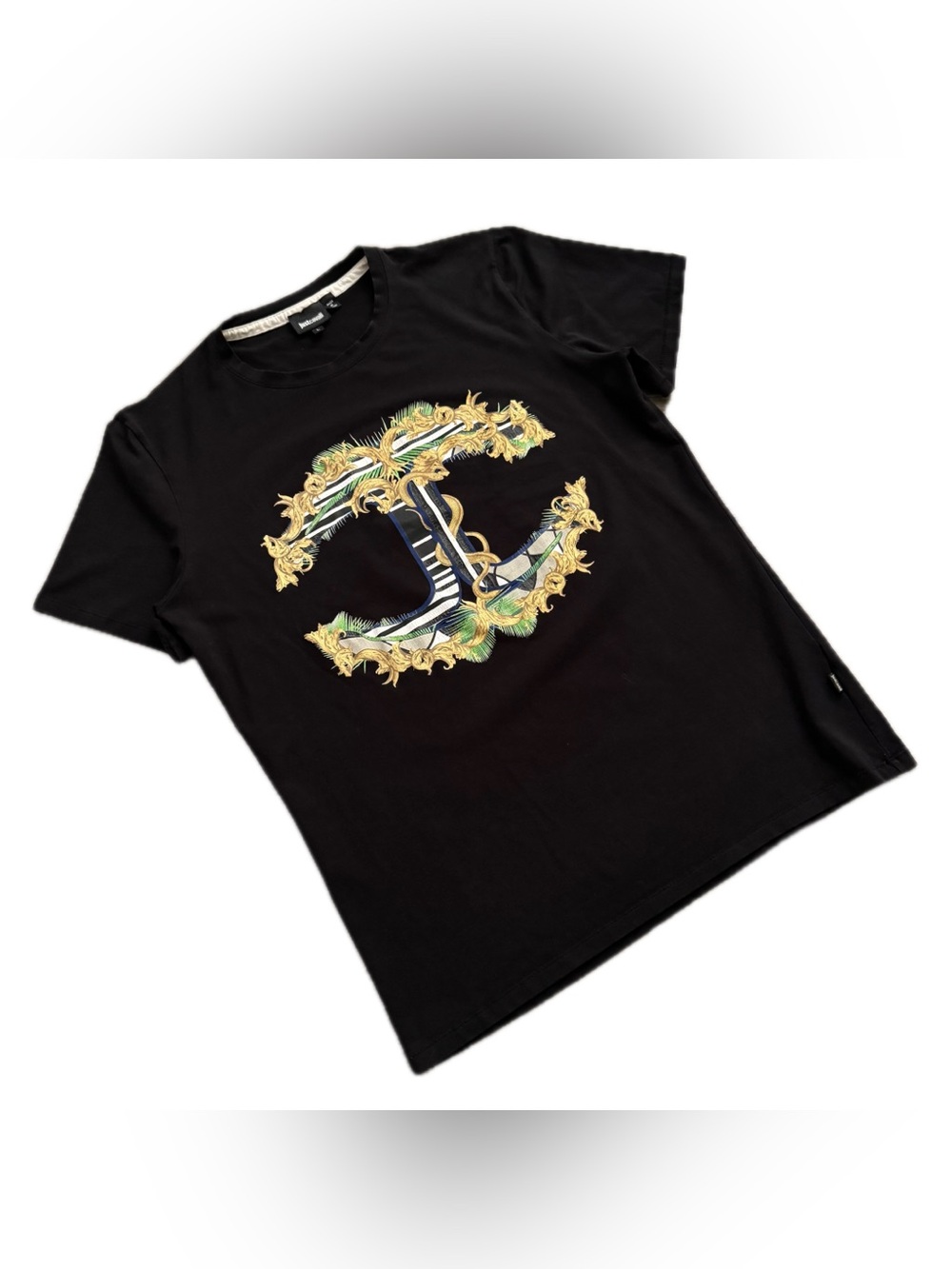 Just Cavalli Men's T-Shirt Size L Floral Print Short Sleeve Crew Neck Black